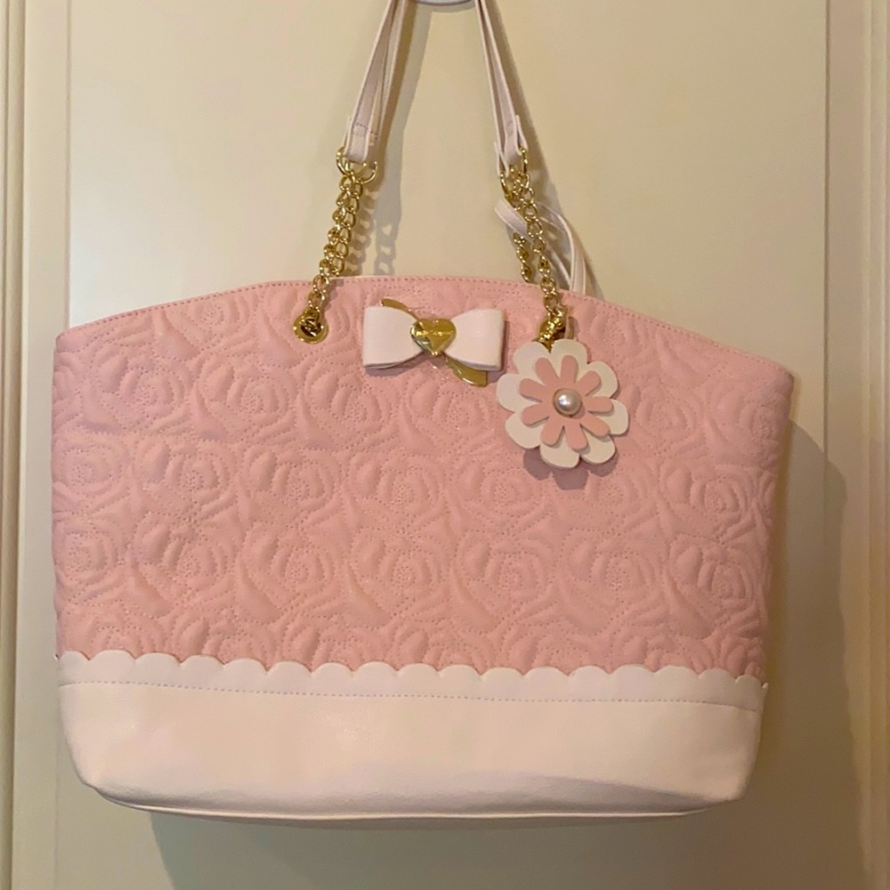 Pink embroidered Betsy Johnson bag with wristlet